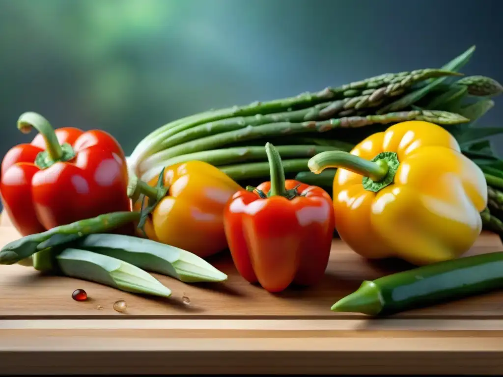 Una selección vibrante de vegetales frescos en una tabla de cortar de madera, listos para un maridaje vinos asados vegetales