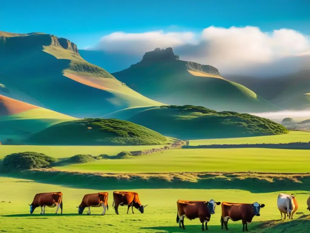 Un sereno paisaje uruguayo con ganado pastando en colinas verdes bajo un cielo azul