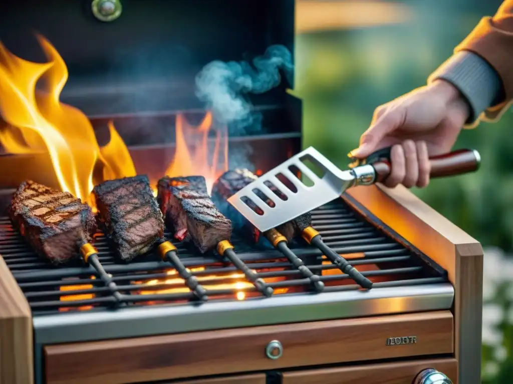 Un set de accesorios asado personalizados de calidad, brillando bajo la cálido atardecer en una estación de asado de madera