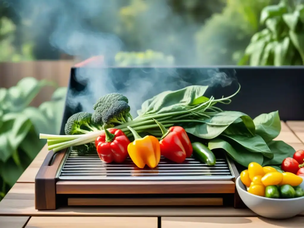 Un set de accesorios para asado vegetariano en una mesa de madera al aire libre, rodeado de verduras frescas y luz natural