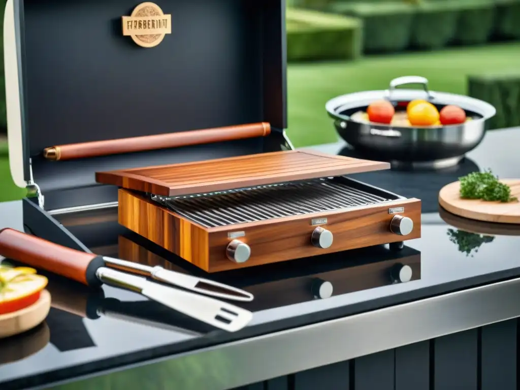 Un set de asado para regalar: Herramientas de acero inoxidable premium con detalles grabados, en un elegante entorno de patio lujoso