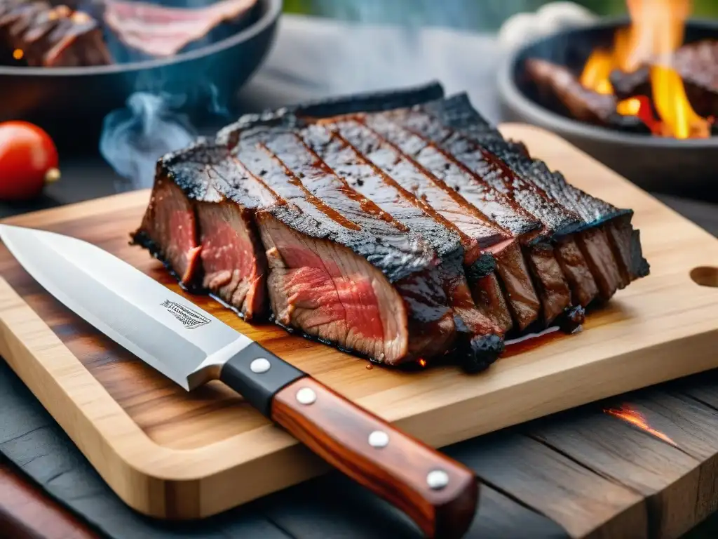 Un set de cuchillos para asado recomendados sobre tabla de madera, junto a suculentos filetes en la parrilla