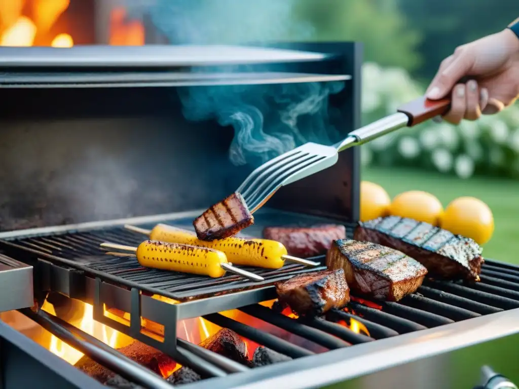 Un set personalizado de accesorios de asado de acero inoxidable con grabados de calidad, en un ambiente festivo de amigos y parrillada en el jardín