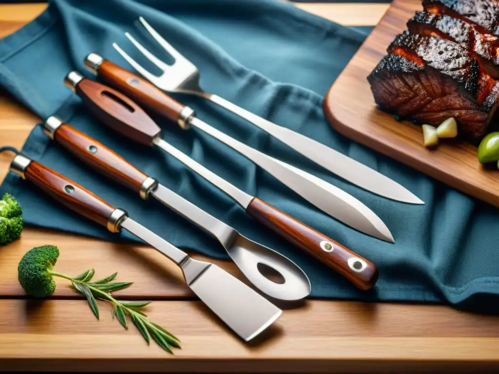 Un set de utensilios premium para asado uruguayo, brillantes y sofisticados en una elegante mesa de madera