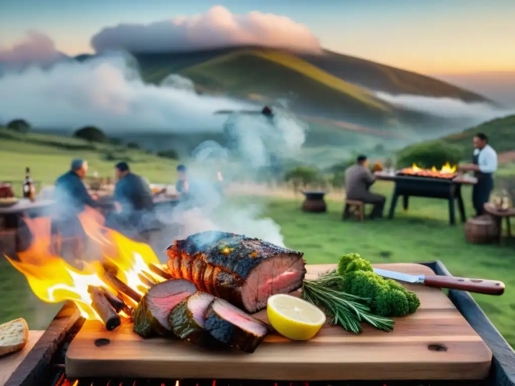 Simbolismo del asado uruguayo: Escena campestre con parrillada y grupo de personas alrededor, en medio de un atardecer cálido y colinas ondulantes