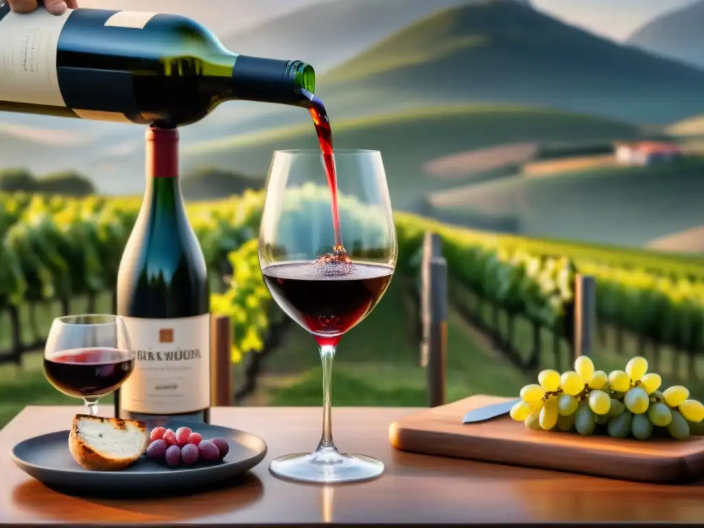 Un sommelier sirviendo vino en una elegante mesa con viñedo al fondo