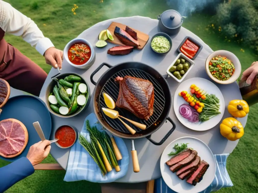 Celebración sostenible de asado uruguayo en el campo con amigos y familia al atardecer