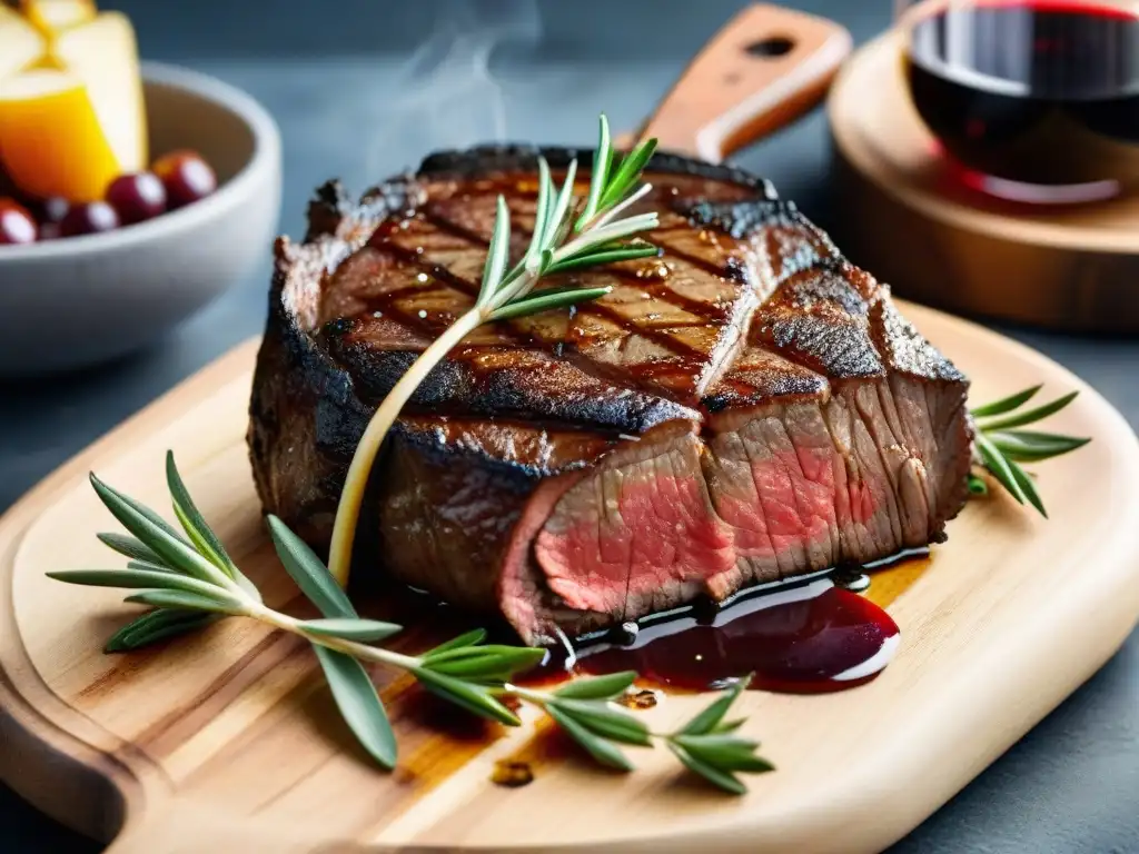 Una suculenta y perfectamente asada carne de res, acompañada de vegetales asados y vino tinto, en una tabla de madera rústica