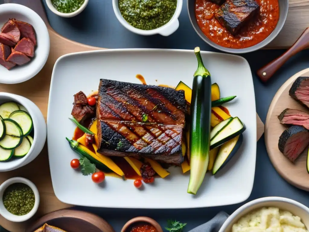 Una suculenta fotografía de asados uruguayos: un festín de carnes y acompañamientos tradicionales en una mesa rústica