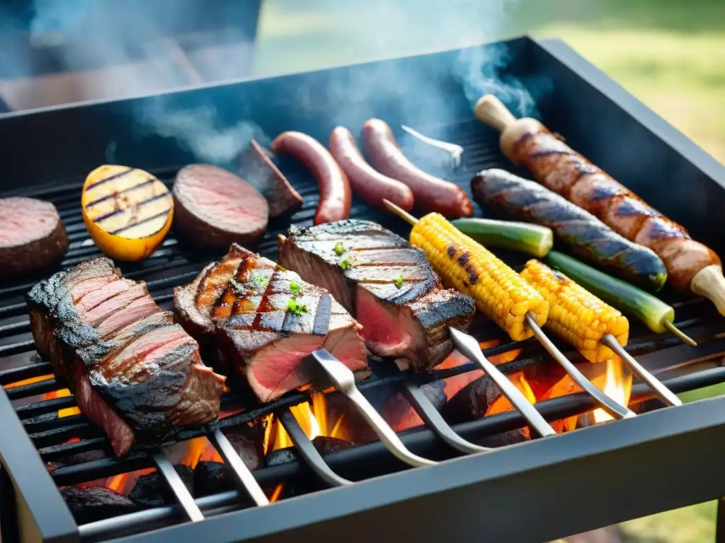 Una suculenta fotografía de asados uruguayos en parrilla tradicional, con carnes y vegetales caramelizados bajo cielo azul despejado