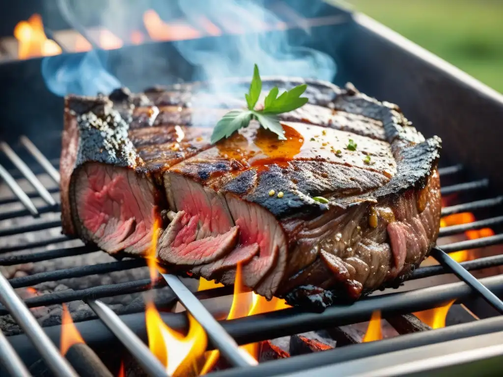 Una suculenta carne argentina cocinándose a la perfección en un asador, evocando los Secretos del Asado al Asador Perfecto