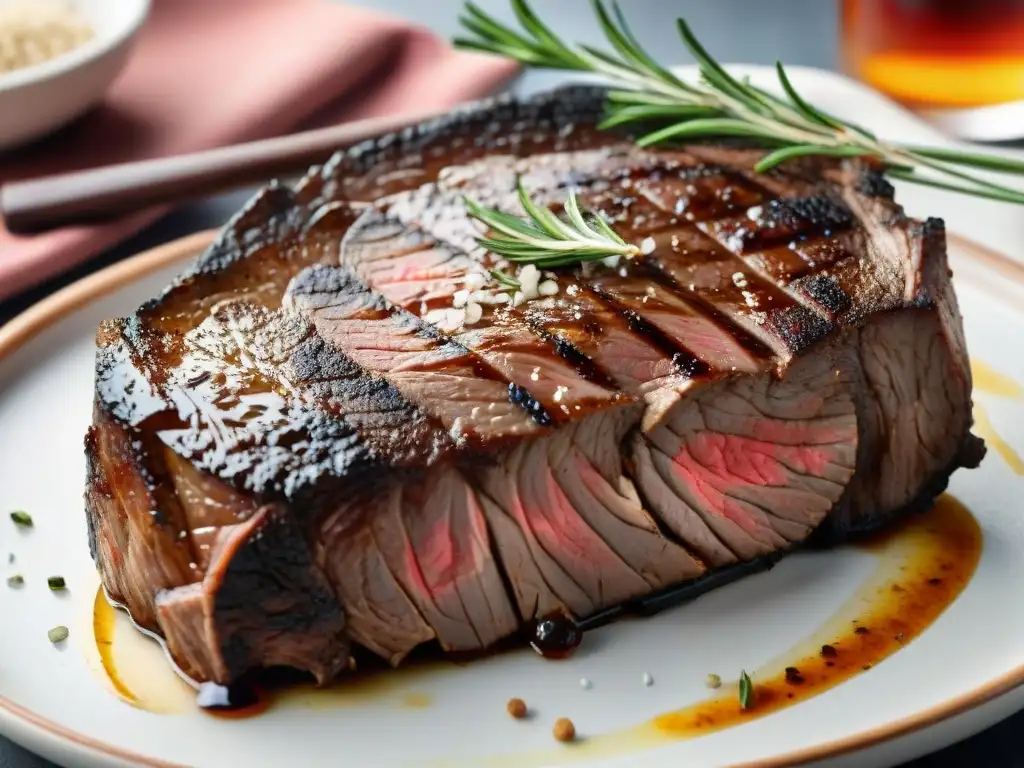 Una suculenta carne uruguaya asada con grill marks, sal y romero fresco