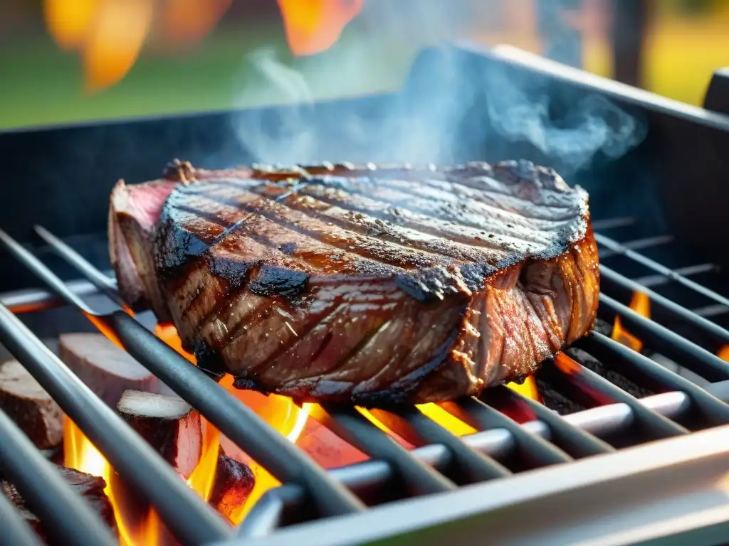 Una suculenta carne asada en la parrilla con grill marks, jugos y un entorno exterior soleado, ideal para concurso de fotografía perfecta asado