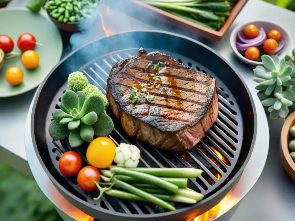 Una suculenta carne asada a la parrilla rodeada de verduras y hierbas, en un ambiente cálido y acogedor