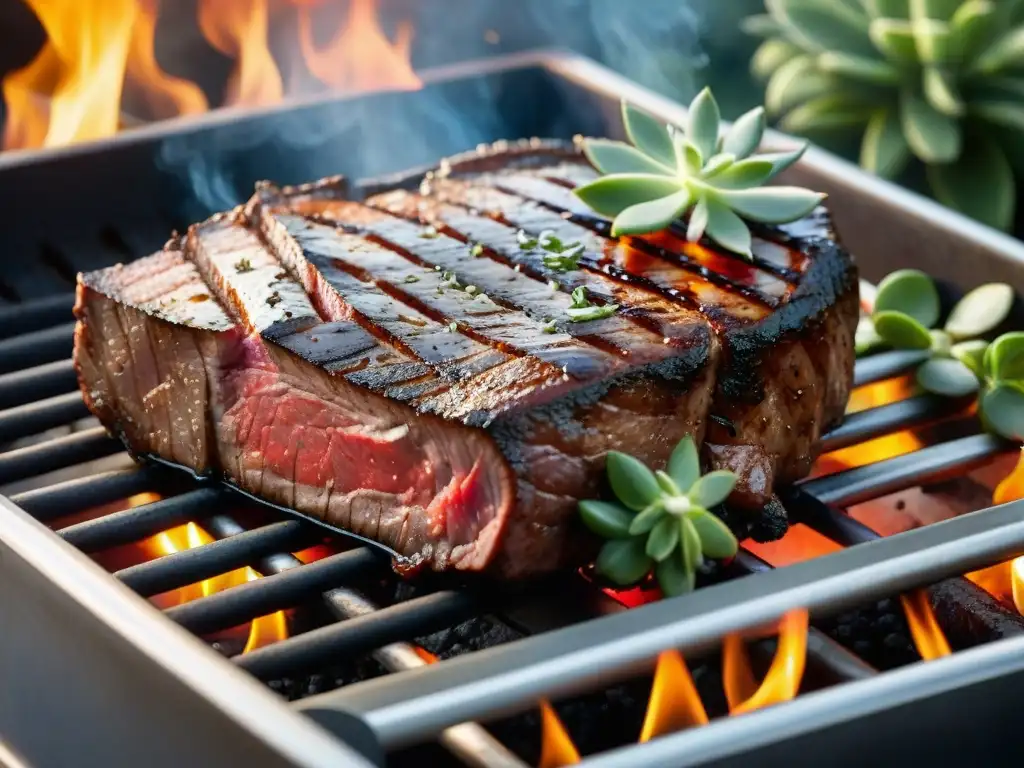 Una suculenta carne perfectamente asada en una parrilla caliente, rodeada de hierbas frescas y especias