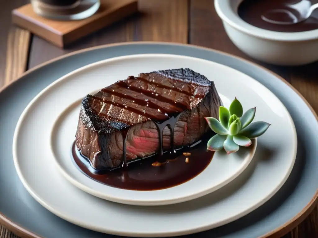 Una suculenta carne de asado uruguayo cubierta con salsa de chocolate picante, en una atmósfera rústica y apetitosa