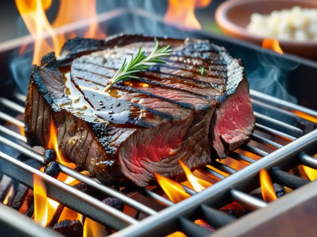 Una suculenta carne de importación para asado, con veteado marmóreo, doradas llamas y acompañada de romero y ajo, en un ambiente de lujo y sabor