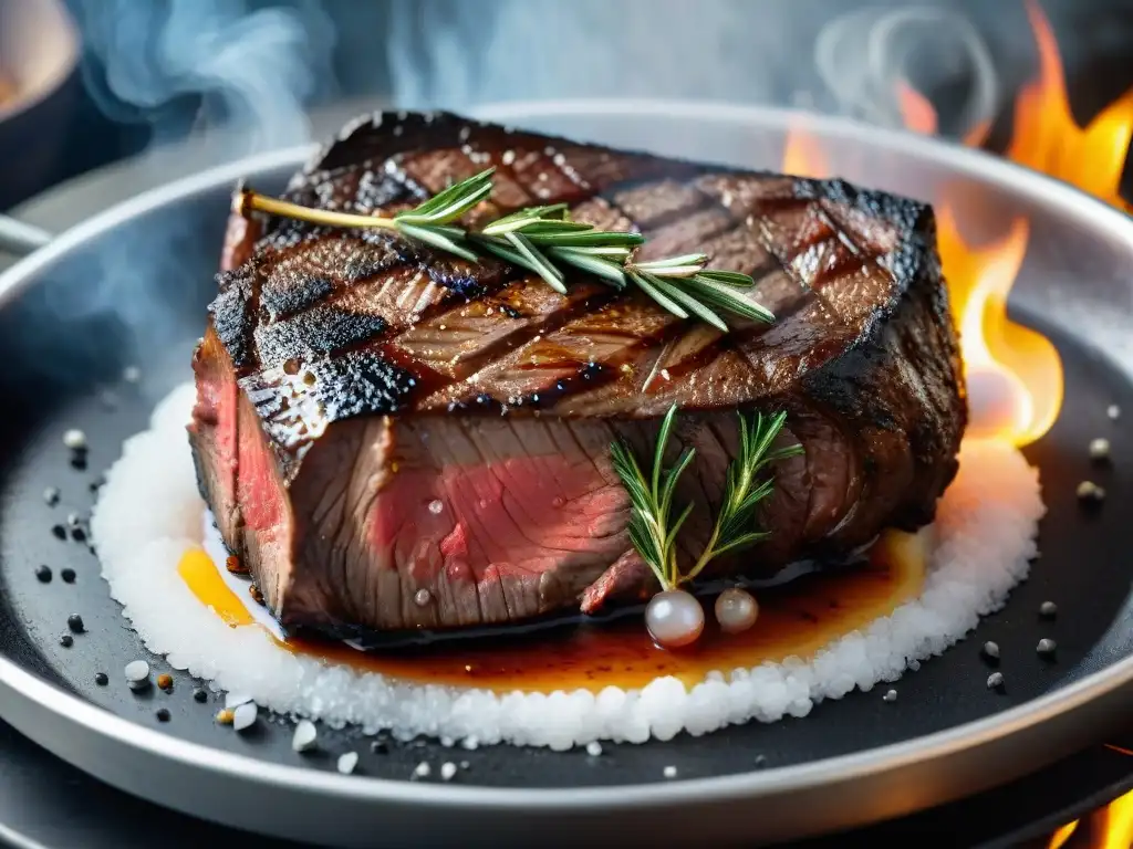 Una suculenta carne a la parrilla con jugos goteando, grill marks definidos y llamas al fondo