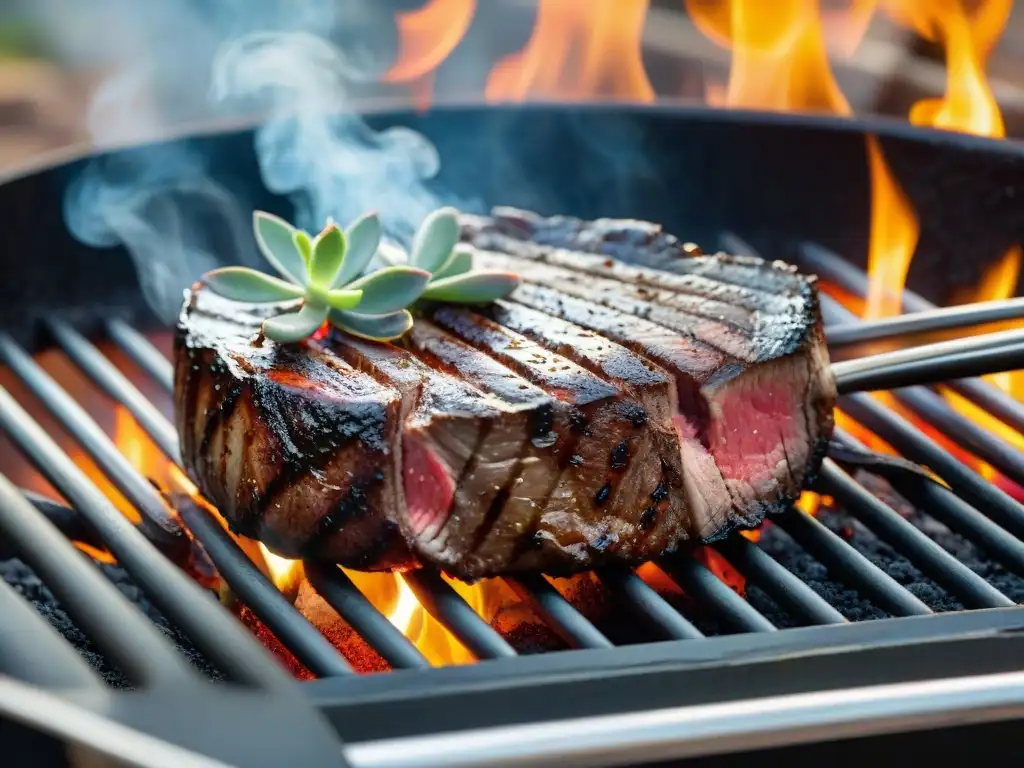 Una suculenta carne a la parrilla, con grill marks, cocinada por un chef hábil en técnicas avanzadas de asado perfecto