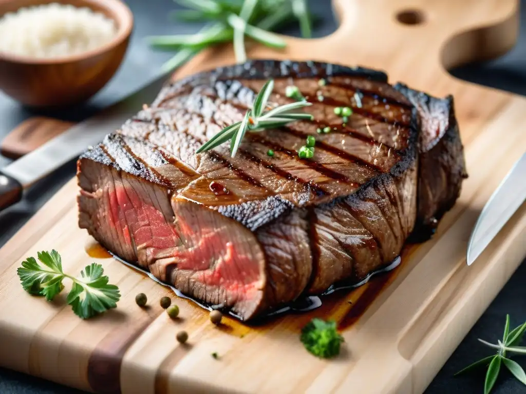 Una suculenta carne a punto en una tabla de madera rústica