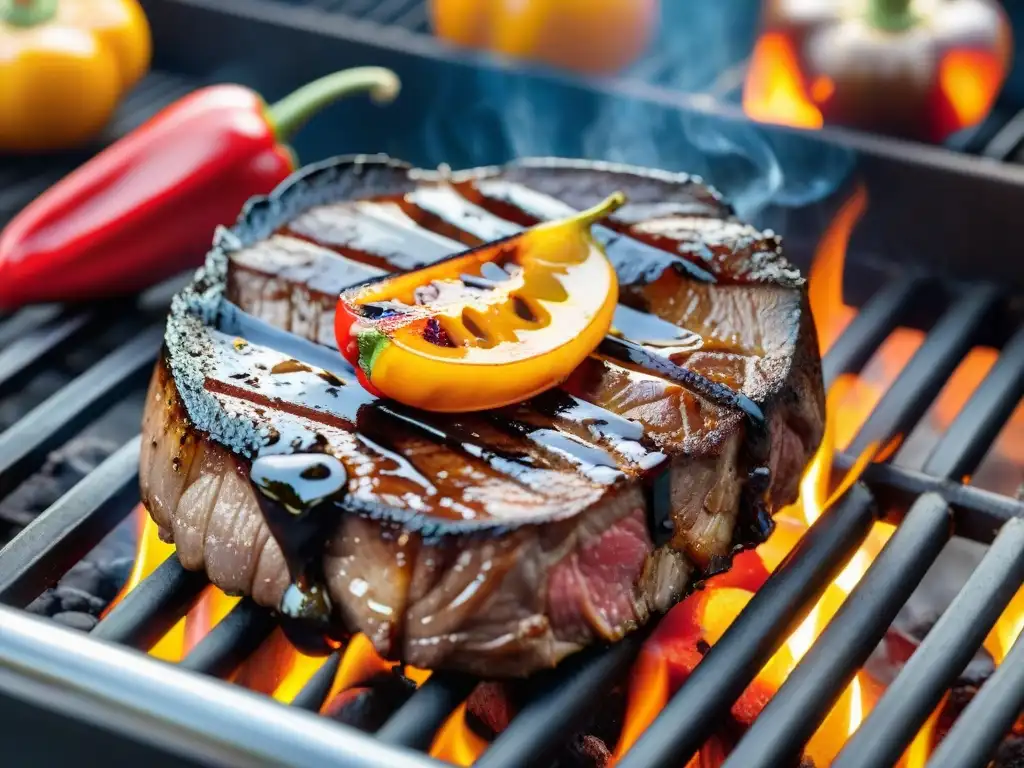 Una suculenta carne a término medio reposando en la parrilla, acompañada de pimientos, cebollas, champiñones y glaseado balsámico