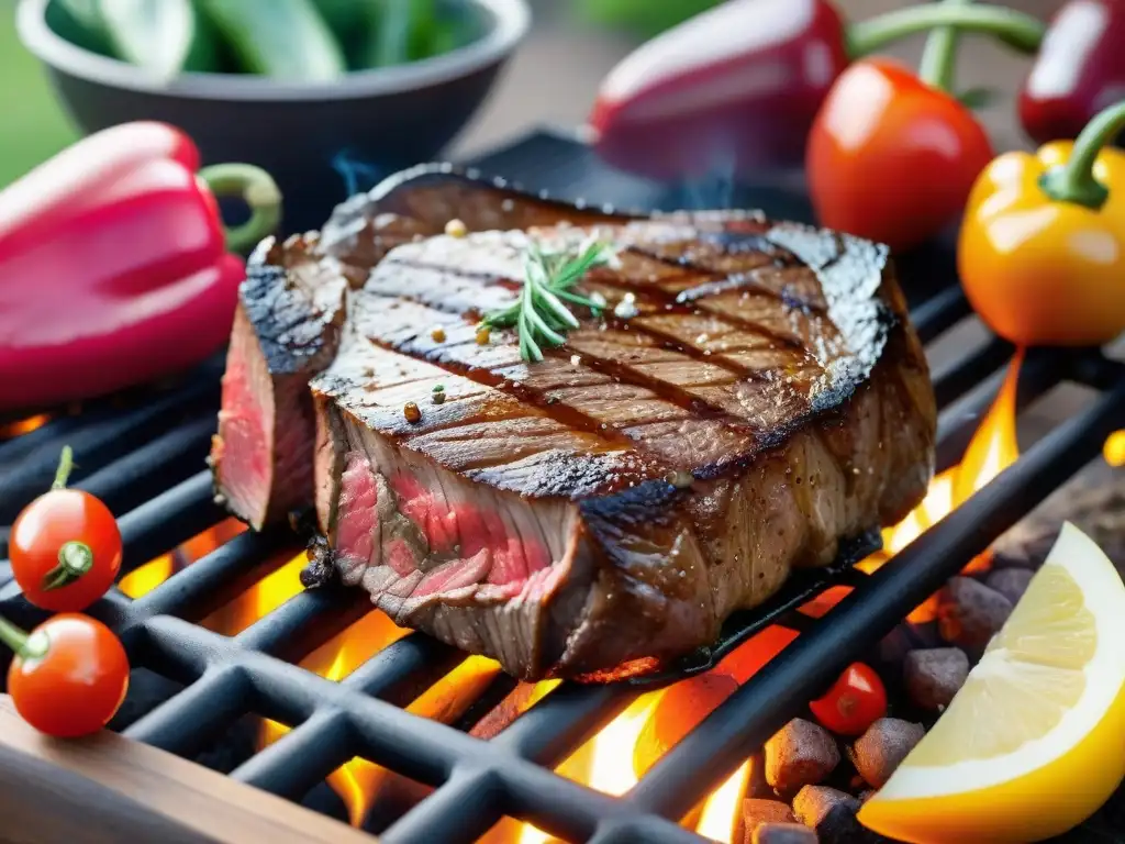 Una suculenta y perfectamente cocida carne asada en la parrilla, rodeada de vegetales frescos