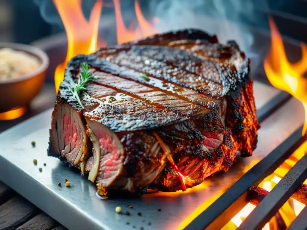 Una suculenta costilla de res marmoleada con combinaciones de especias para asado, a la parrilla en un entorno rústico