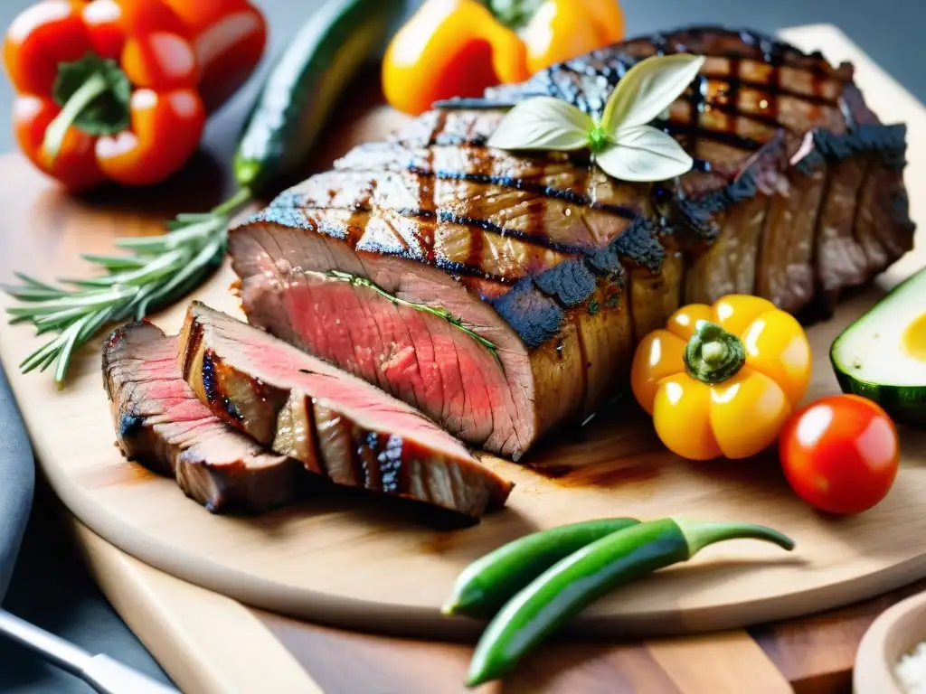 Una suculenta imagen de Cortes de carne asado saludable con verduras a la parrilla, bajo el sol de un día de barbacoa