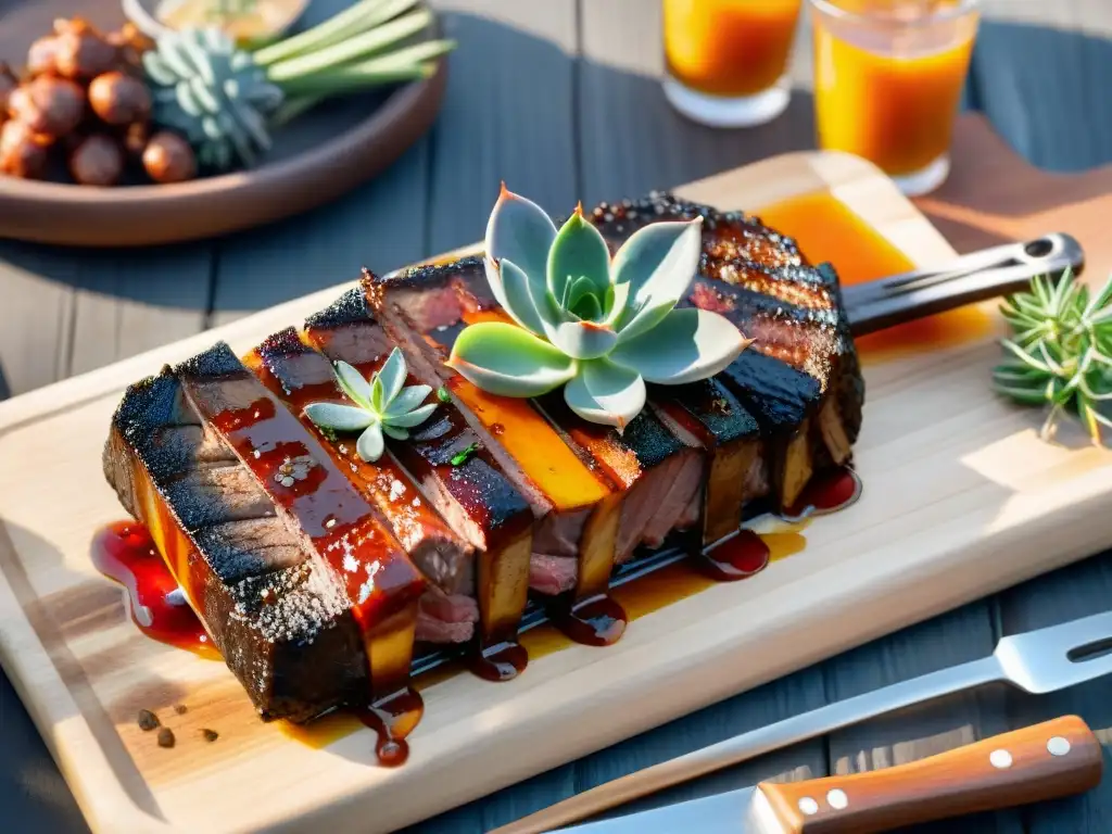 Una suculenta paleta de asado económica perfectamente grillada en un entorno de barbacoa al aire libre vibrante y acogedor