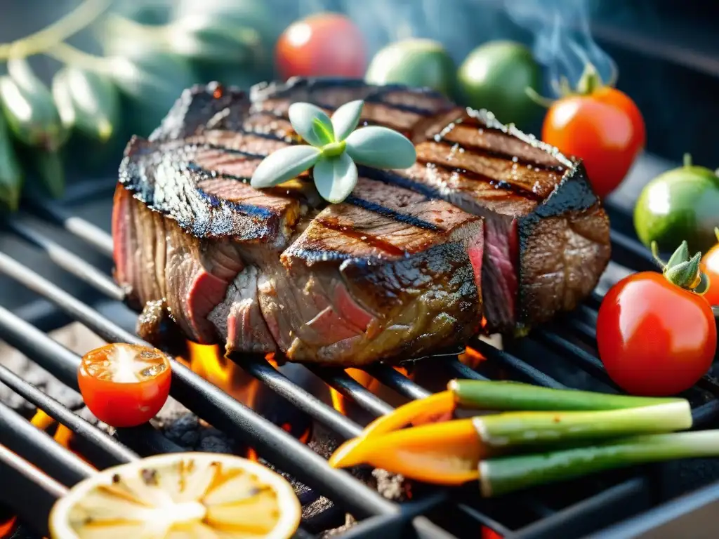 Una suculenta parrillada de cortes bajos en grasa, rodeada de verduras asadas, mostrando los beneficios de un asado saludable