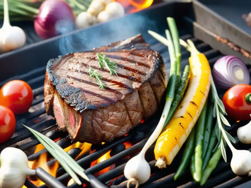 Una suculenta parrillada con un filete perfectamente cocido rodeado de vegetales coloridos y hierbas aromáticas