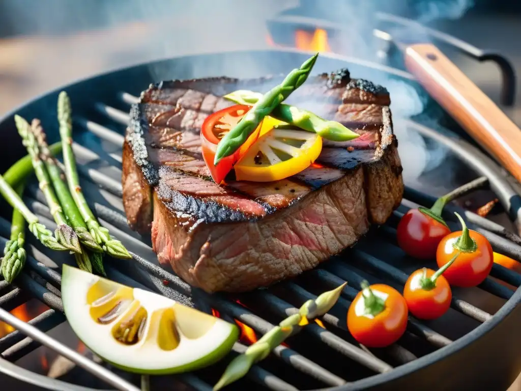 Una suculenta parrillada uruguaya con grasas saludables, rodeada de vegetales frescos y un ambiente cálido y acogedor