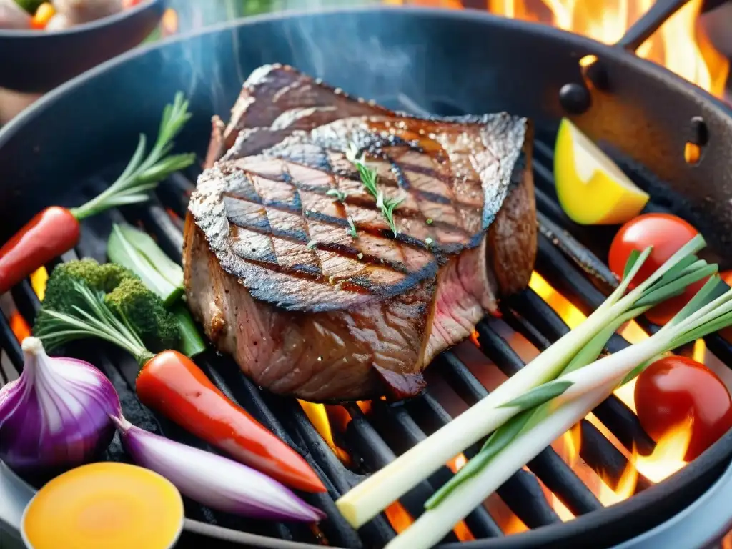 Una suculenta Fotografía perfecta asado concurso con carne a la parrilla, vegetales y hierbas, bajo un cielo de atardecer veraniego