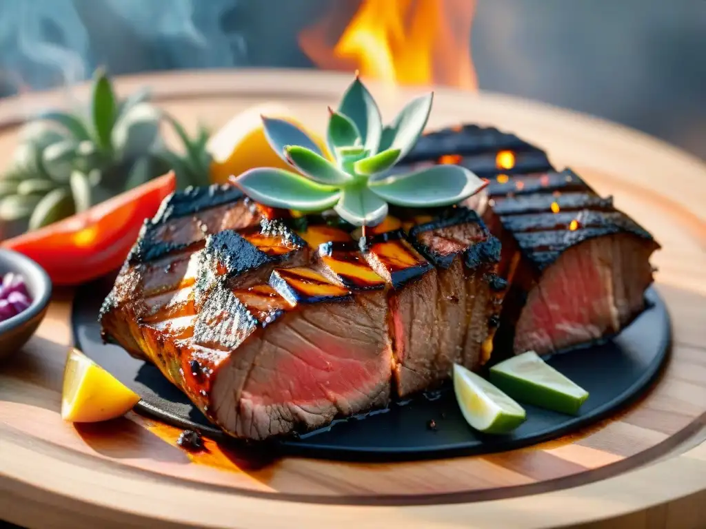 Una suculenta pieza de carne asada marinada en la parrilla, rodeada de verduras asadas y hierbas frescas