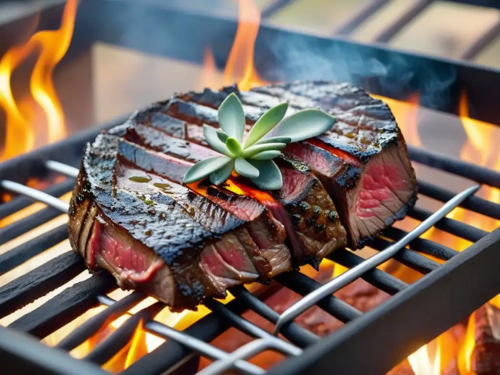 Una suculenta presentación asado uruguayo sabor: un jugoso filete en una parrilla humeante con hierbas frescas y especias coloridas