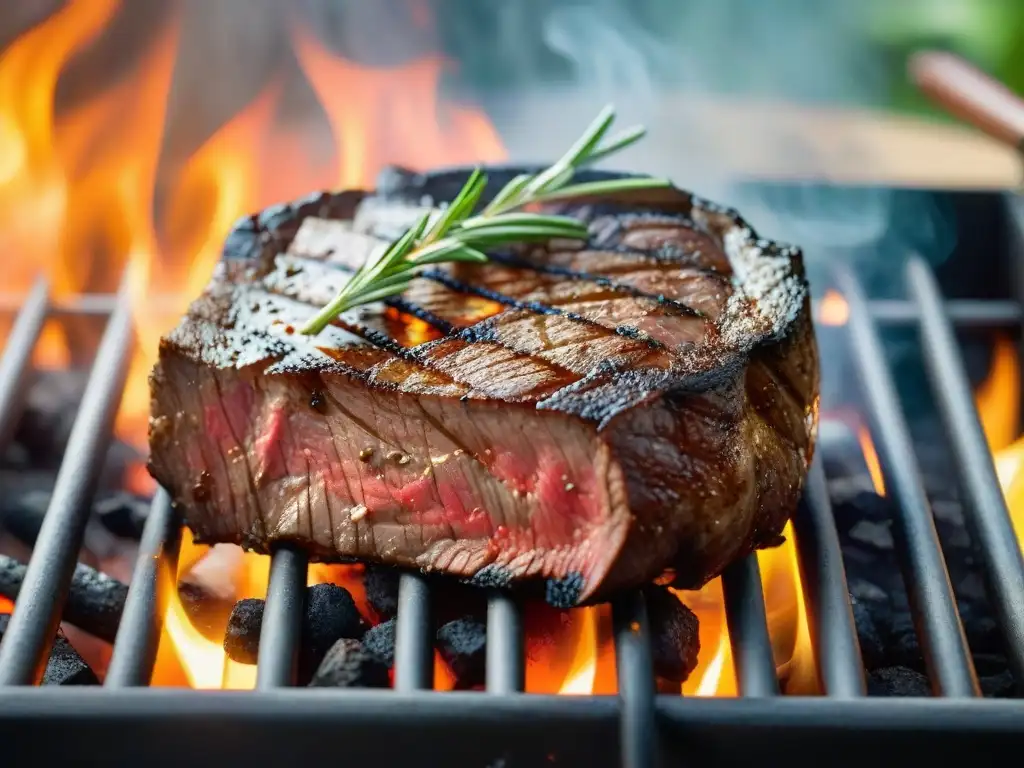 Una suculenta y realista imagen de un filete a la parrilla perfectamente cocido en una barbacoa de carbón