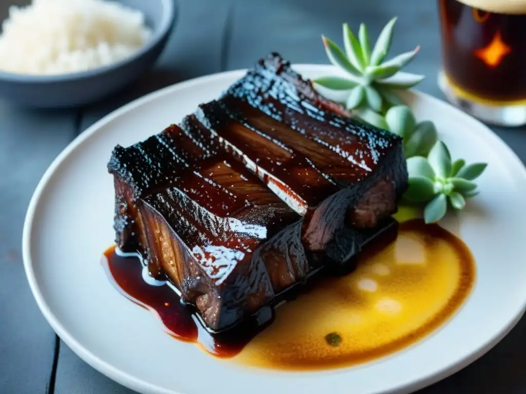 Una suculenta Tira de Asado con glaseado, asándose en la parrilla con cerveza oscura