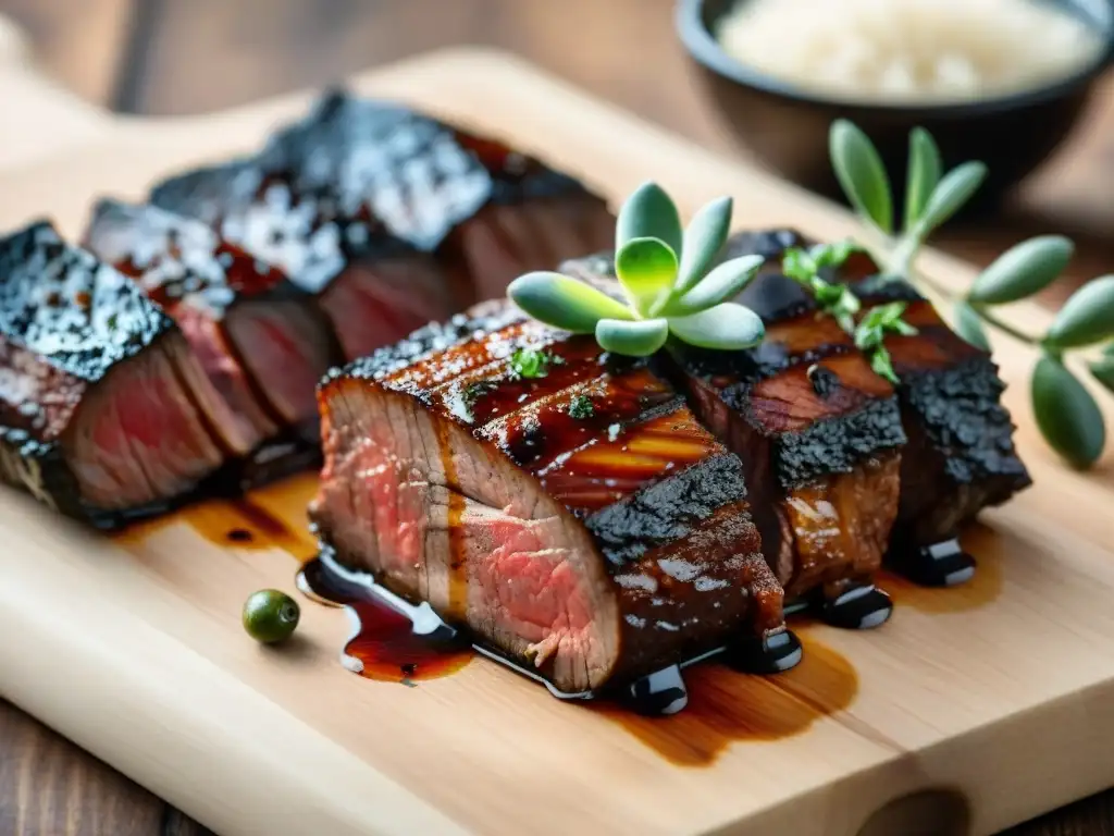 Una suculenta tira de asado a la parrilla con glaseado de cerveza negra, acompañada de hierbas frescas y ajos