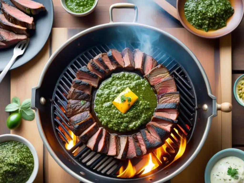 Una suculenta Tira de Asado uruguayo estilo montevideano cocinada a la perfección sobre una parrilla, rodeada de chimichurri, en un entorno rústico