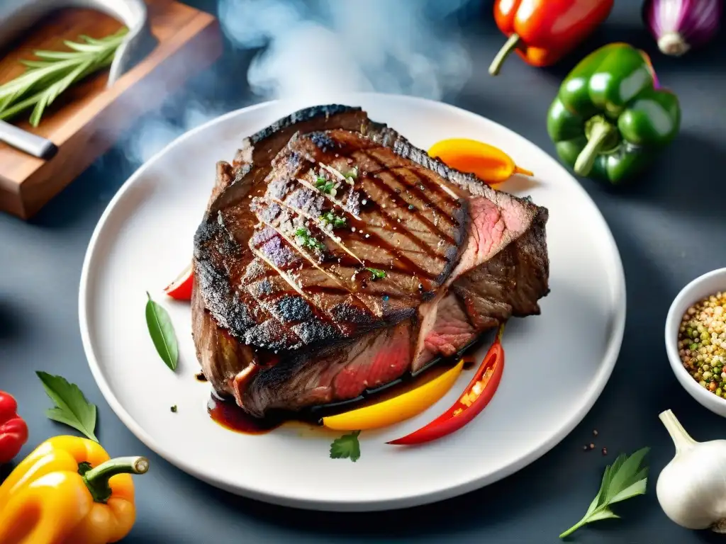 Un suculento asado argentino en interiores, en un día lluvioso, con una parrilla humeante y coloridas verduras a su alrededor