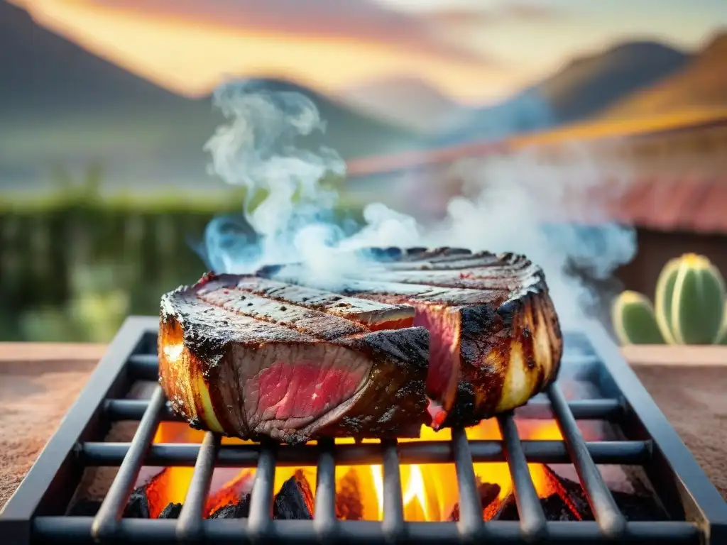 Suculento asado al asador con carne a la parrilla, rodeado de brasas y humo, en un atardecer dorado