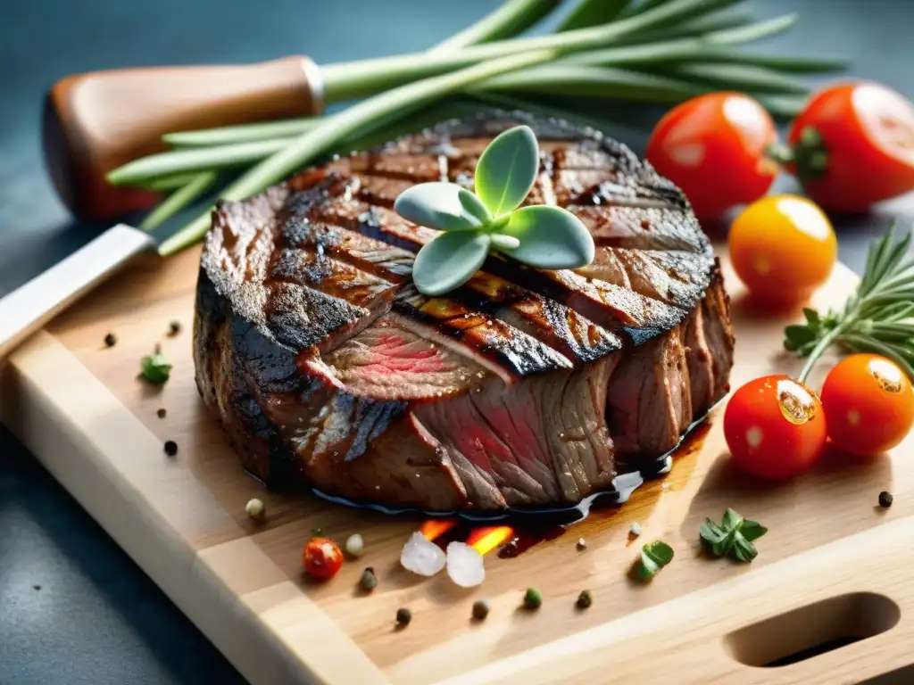 Un suculento asado de carne marinada con hierbas frescas y cítricos, rodeado de verduras a la parrilla