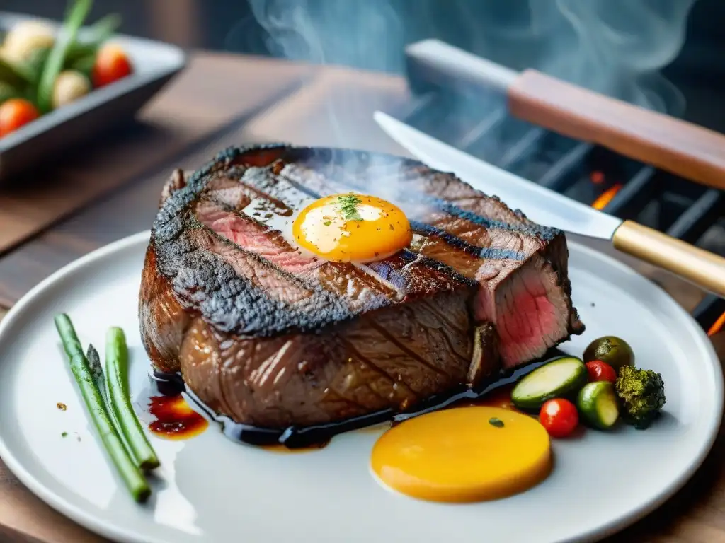 Un suculento asado de carne perfectamente sellada en una parrilla humeante, con mantequilla de hierbas brillante y verduras a la parrilla