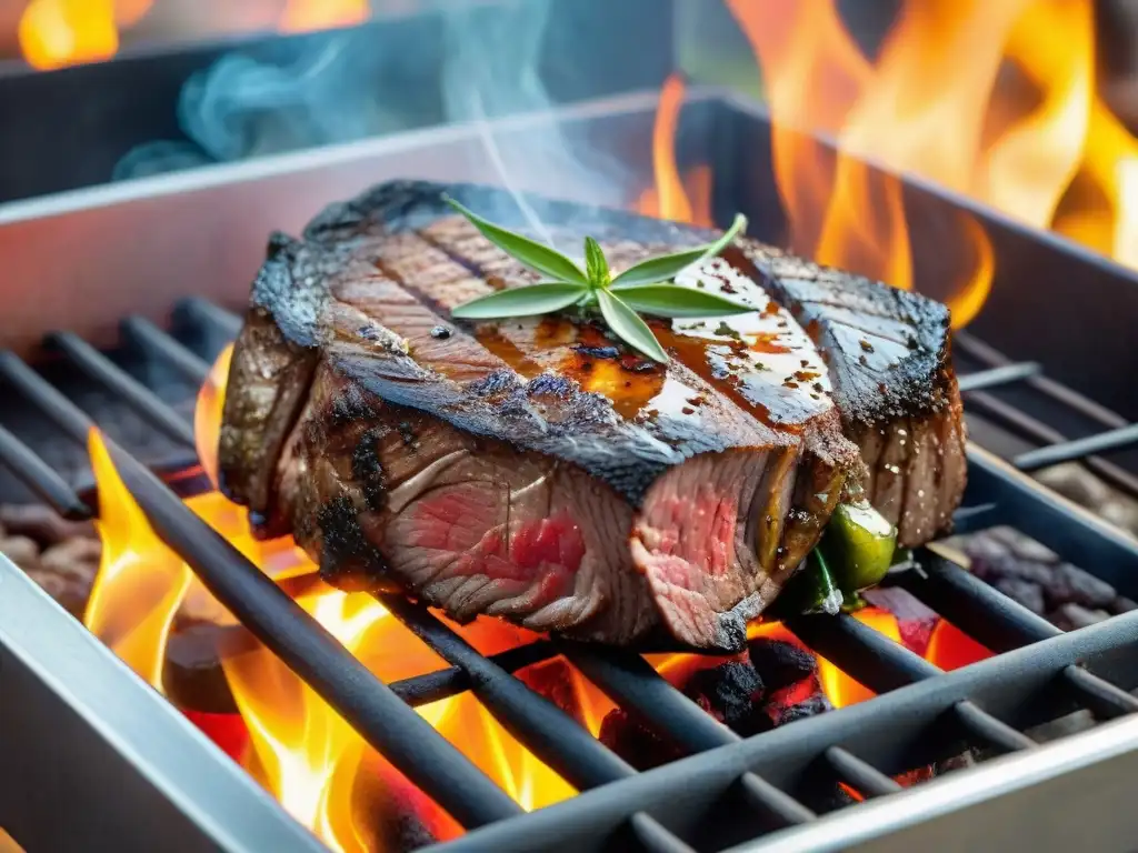 Un suculento asado colita de cuadril Uruguay en la parrilla, con carne jugosa y llamas danzantes