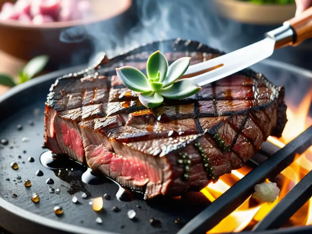 Un suculento asado perfectamente grillado, acompañado de un vino dulce, en un escenario idílico