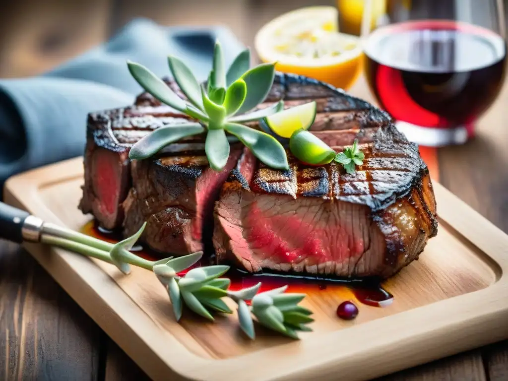 Un suculento asado medio hecho con vino tinto, rodeado de botellas de vino en una mesa de madera rústica