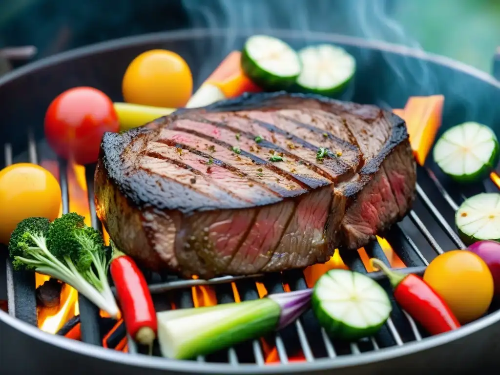 Un suculento asado en una parrilla ideal para asado, con vegetales coloridos y llamas crepitantes