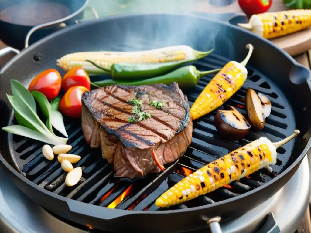 Un suculento asado a la parrilla con influencia de materiales, rodeado de vegetales frescos y una atmósfera de barbacoa perfecta