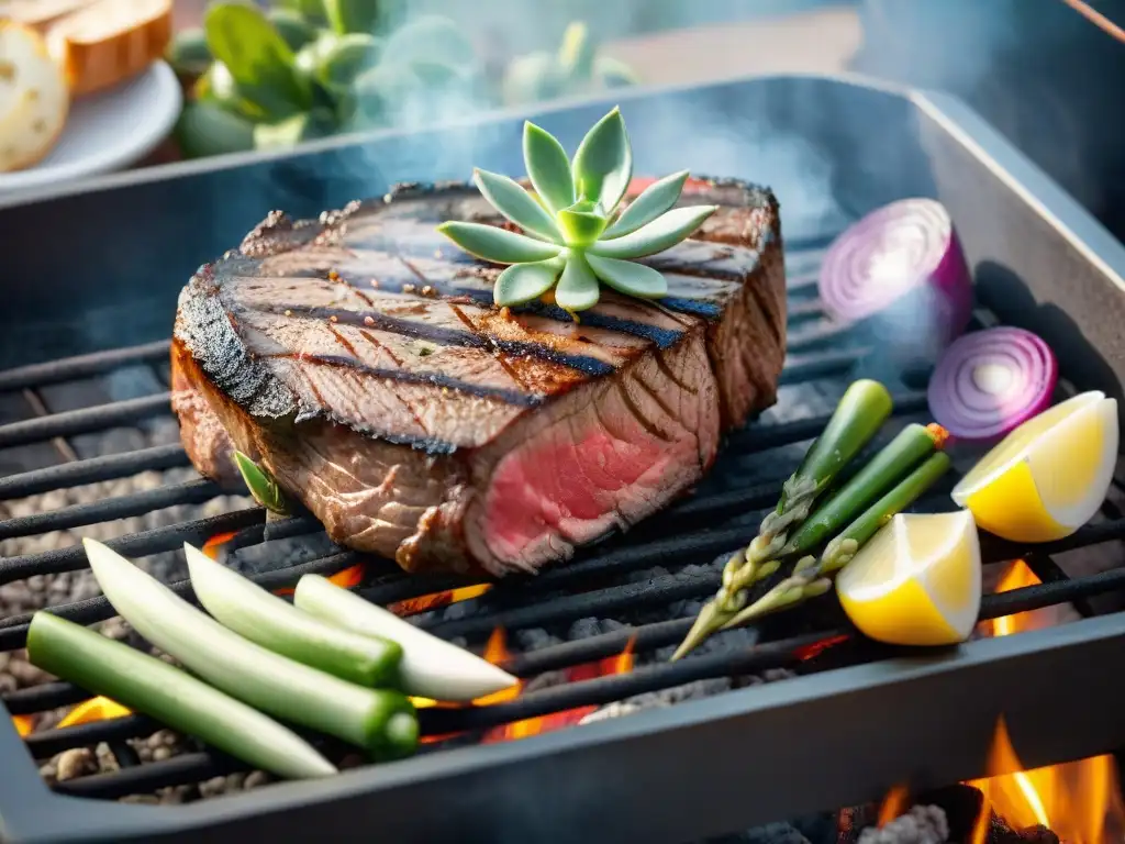 Un suculento asado a la parrilla rodeado de vegetales frescos y hierbas aromáticas