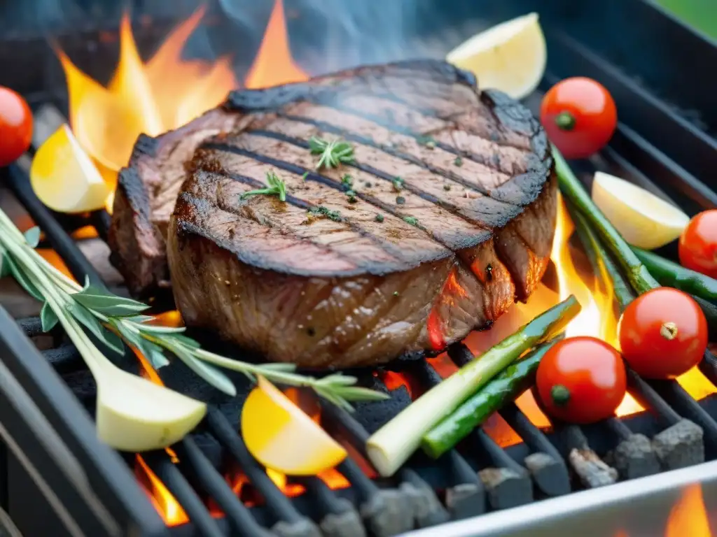 Delicioso filete a la parrilla con vegetales bajo el sol dorado Un suculento asado a la parrilla con verduras y hierbas, iluminado por el cálido sol